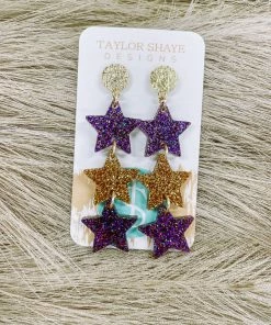 Texas Bling Jewelry Millie Purple & Gold Triple Star Drop Earrings