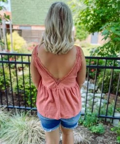 Umgee Tops Callie V Neck Crochet Detail Top- Clay