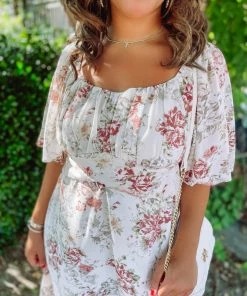 J. NNA Neutral Babe Kylie Floral Crossover Round Neck Midi Dress- Cream