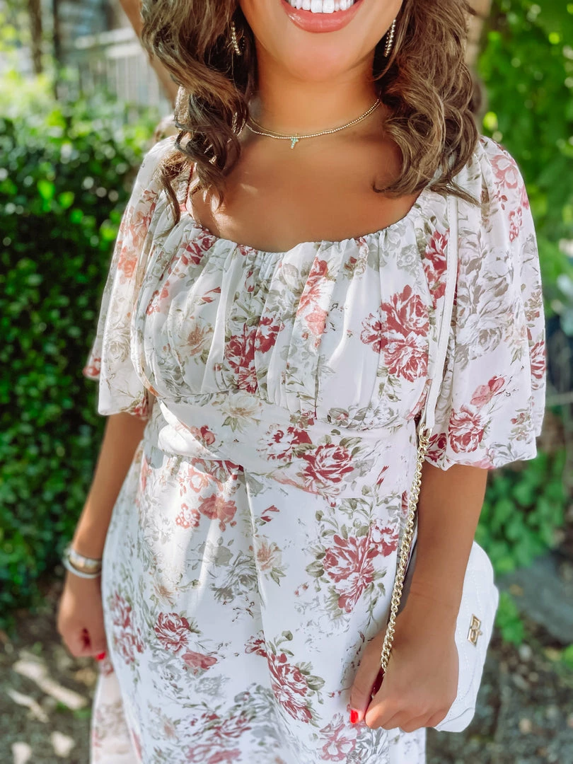 J. NNA Neutral Babe Kylie Floral Crossover Round Neck Midi Dress- Cream 2 J. NNA Neutral Babe Kylie Floral Crossover Round Neck Midi Dress- Cream