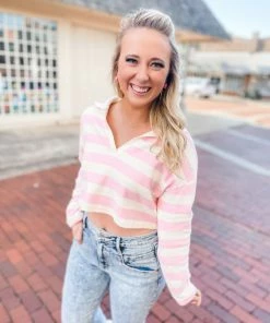 Blu Pepper Tops Adele Throwback Striped Open V Neck Top