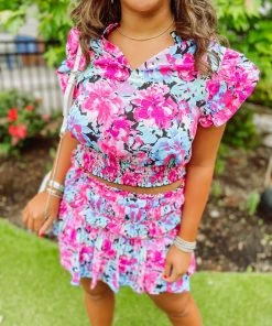 Entro Martha Floral Smocked Hem And Neckline Top
