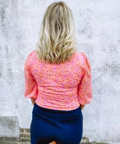 Ces Femme Tops Palmer Floral Quarter Puff Sleeve Top