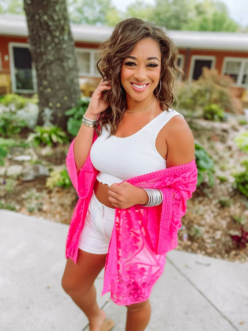 Umgee Izzie Floral Lace Open Front Kimono- Hot Pink 2 Umgee Izzie Floral Lace Open Front Kimono- Hot Pink