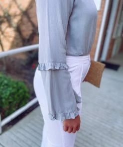 Peach Love Blake Frill Surplice V Neck Bodysuit- Grey