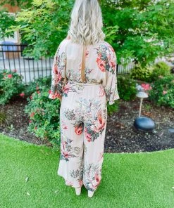 Cezanne Alyssa Floral Self Tie Kimono Jumpsuit Neutral Babe