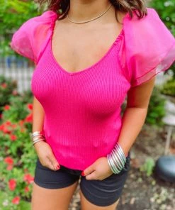 Flying Tomato Mallory Sheer Puff Sleeve Ribbed Top Tops 12 Flying Tomato Mallory Sheer Puff Sleeve Ribbed Top Tops