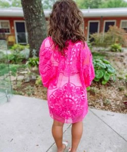 Umgee Izzie Floral Lace Open Front Kimono- Hot Pink 9 Umgee Izzie Floral Lace Open Front Kimono- Hot Pink