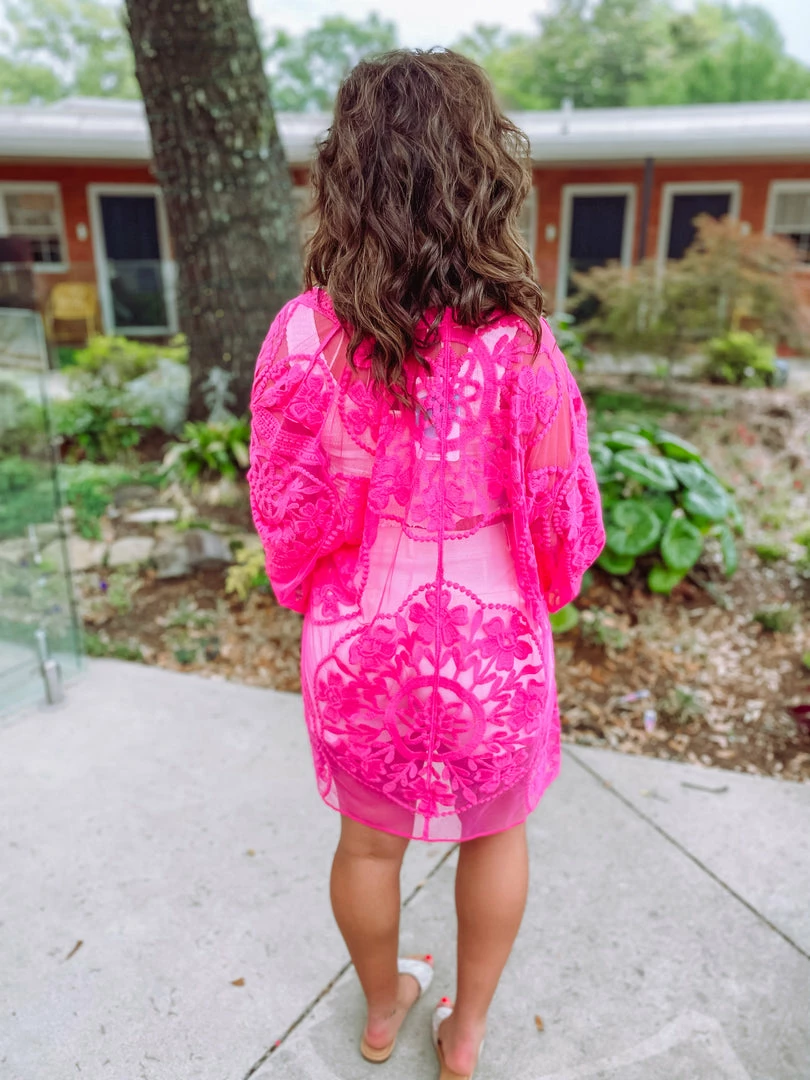 Umgee Izzie Floral Lace Open Front Kimono- Hot Pink 5 Umgee Izzie Floral Lace Open Front Kimono- Hot Pink