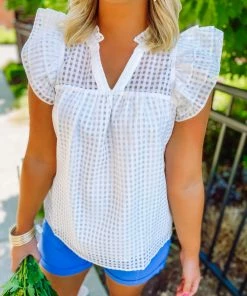 Entro Tops Kynlee Sheer Checkered Ruffle Sleeve Top- White