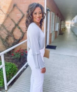 Peach Love Blake Frill Surplice V Neck Bodysuit- Grey