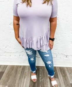 Zenana Premium Plus Kaylee Overlap Ruffle Bottom Top- Dusty Lavender