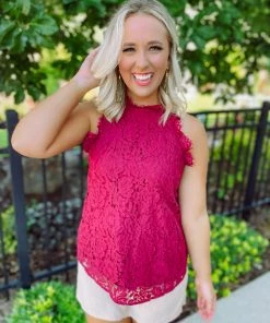 Ee:some Harper Floral Lace Tank Top- Wine Tops