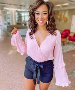 Peach Love Blake Frill Surplice V Neck Bodysuit- Pink