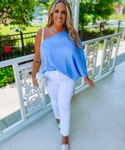 Entro Faye Solid One Shoulder Top- Chambray