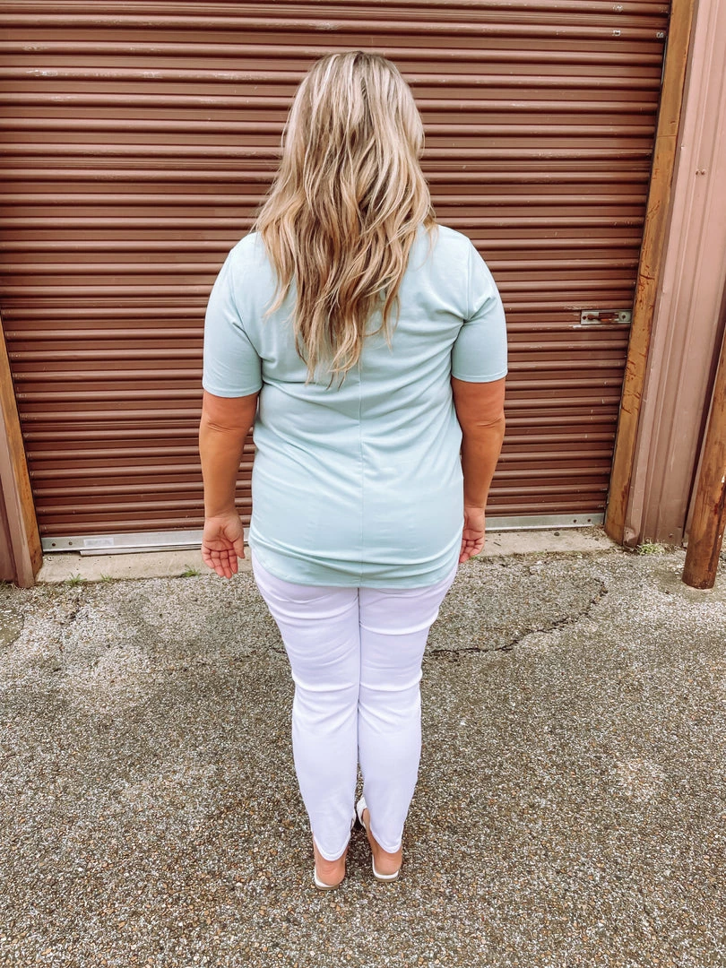 Zenana Premium Jana Flowy V Neck Round Hem Top- Light Green 4 Zenana Premium Jana Flowy V Neck Round Hem Top- Light Green