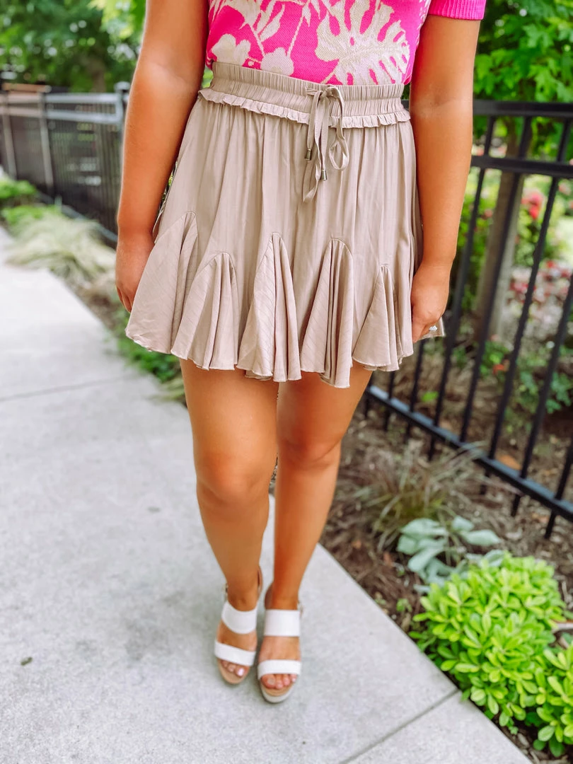 Entro Neutral Babe Maisie Solid Ruffle Detail Skort- Tan 2 Entro Neutral Babe Maisie Solid Ruffle Detail Skort- Tan