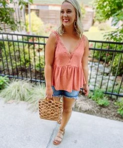 Umgee Tops Callie V Neck Crochet Detail Top- Clay