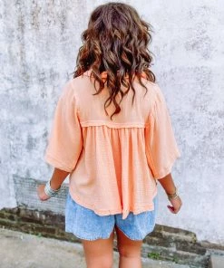 Ces Femme Alexandria Cotton Gauze Wide Sleeve Hi Low Top- Peach 11 Ces Femme Alexandria Cotton Gauze Wide Sleeve Hi Low Top- Peach