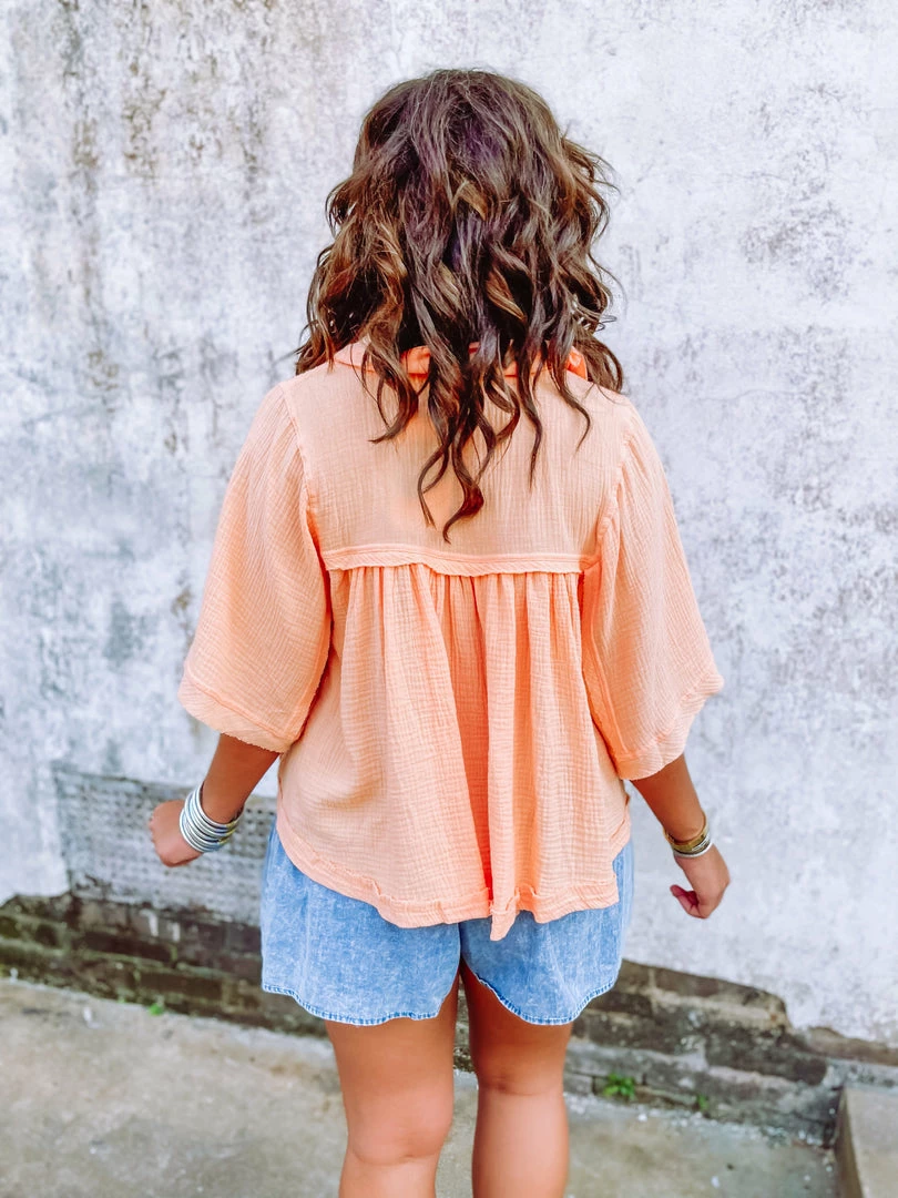 Ces Femme Alexandria Cotton Gauze Wide Sleeve Hi Low Top- Peach 6 Ces Femme Alexandria Cotton Gauze Wide Sleeve Hi Low Top- Peach