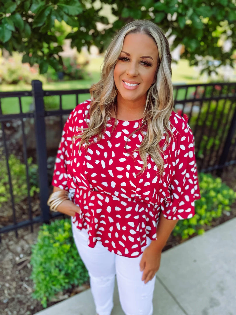 Umgee Lexie Dalmatian Print Bell Sleeve- Crimson Plus 2 Umgee Lexie Dalmatian Print Bell Sleeve- Crimson Plus