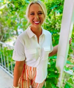 Entro Mila Waffle Knit Rolled Sleeve Top- Off White