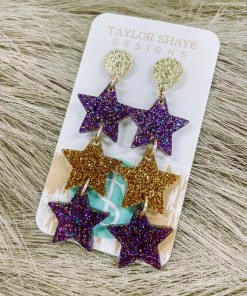 Texas Bling Jewelry Millie Purple & Gold Triple Star Drop Earrings