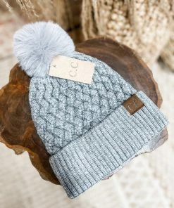 Texas Bling Lena Woven Cable Knit Pom Pom Beanie- Dark Grey Hats