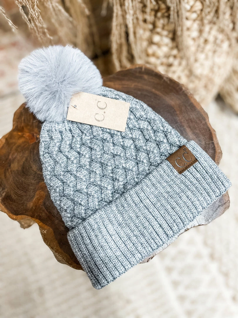 Texas Bling Lena Woven Cable Knit Pom Pom Beanie- Dark Grey Hats 1 Texas Bling Lena Woven Cable Knit Pom Pom Beanie- Dark Grey Hats