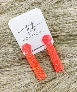 Texas Bling Neon Fit Check Rectangle Dangle Earrings - Coral Sunrise