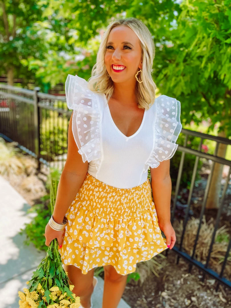 Flying Tomato Landry Ribbed Knit Ruffled Sleeve Bodysuit- Ivory 1 Flying Tomato Landry Ribbed Knit Ruffled Sleeve Bodysuit- Ivory