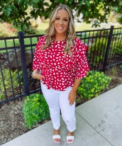 Umgee Lexie Dalmatian Print Bell Sleeve- Crimson Plus