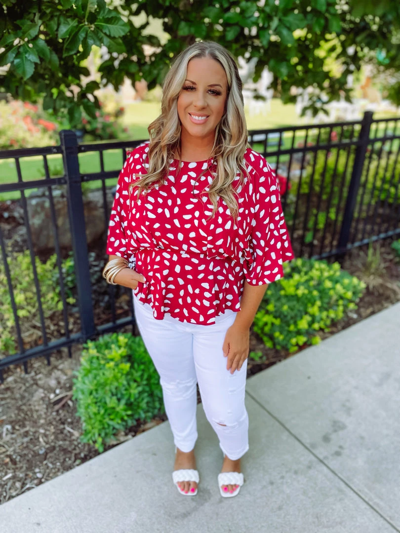 Umgee Lexie Dalmatian Print Bell Sleeve- Crimson Plus 1 Umgee Lexie Dalmatian Print Bell Sleeve- Crimson Plus