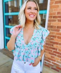 Entro Artemis Floral V Neck Butterfly Pleated Top Tops