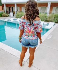 Flying Tomato Peyton Folk Print Elastic Off The Shoulder Top