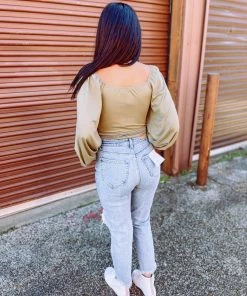 Peach Love Victoria Bubble Sleeve Bodysuit- Light Olive Tops